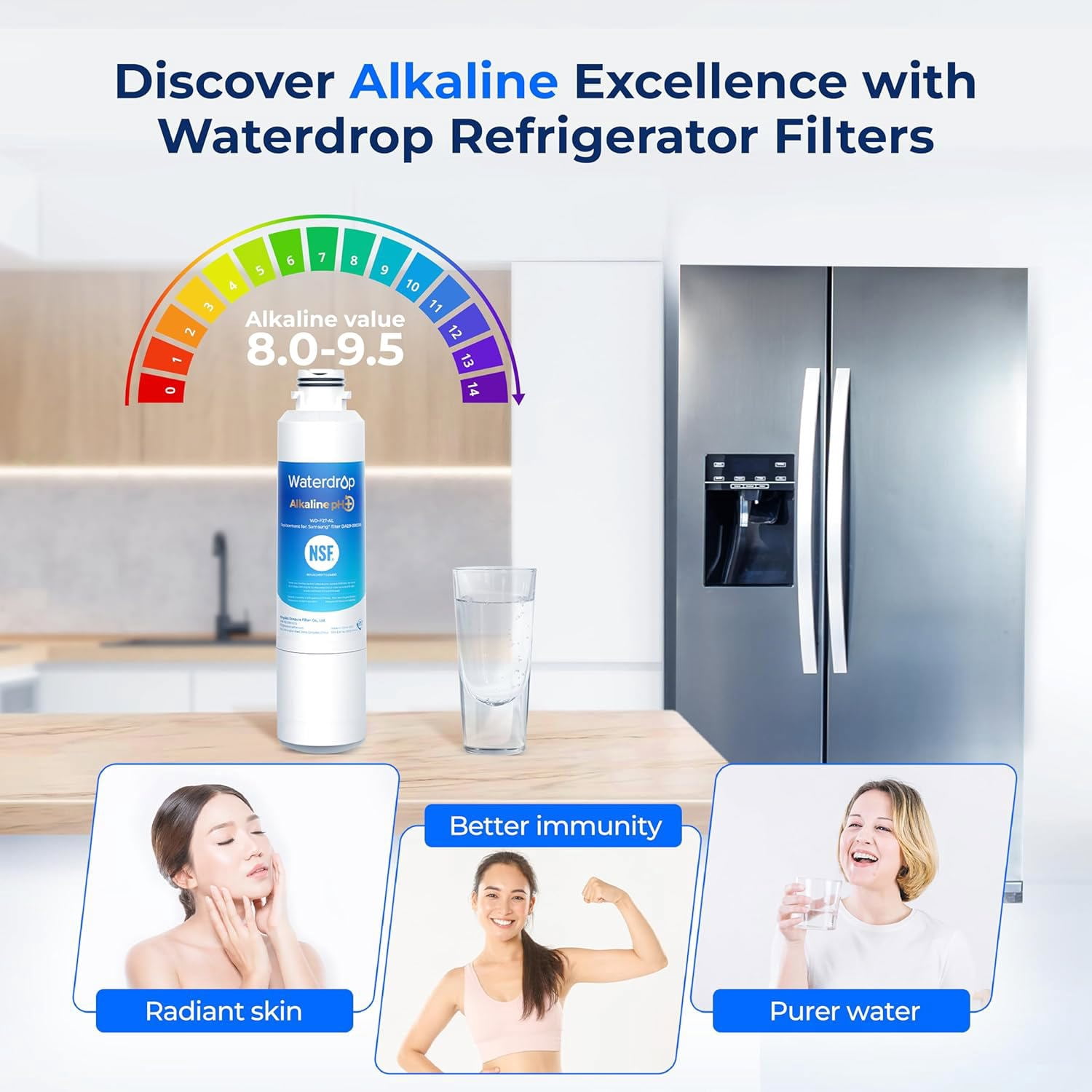 Waterdrop Alkaline WD-F27-AL Replacement for Samsung® Refrigerator Water Filter HAF-CIN/EXP, DA29-00020B, HAF-CIN, DA97-08006A-1, RF28HMEDBSR, RF263BEAESR, RS25J500DSR, RF263TEAESG, 2 Pack