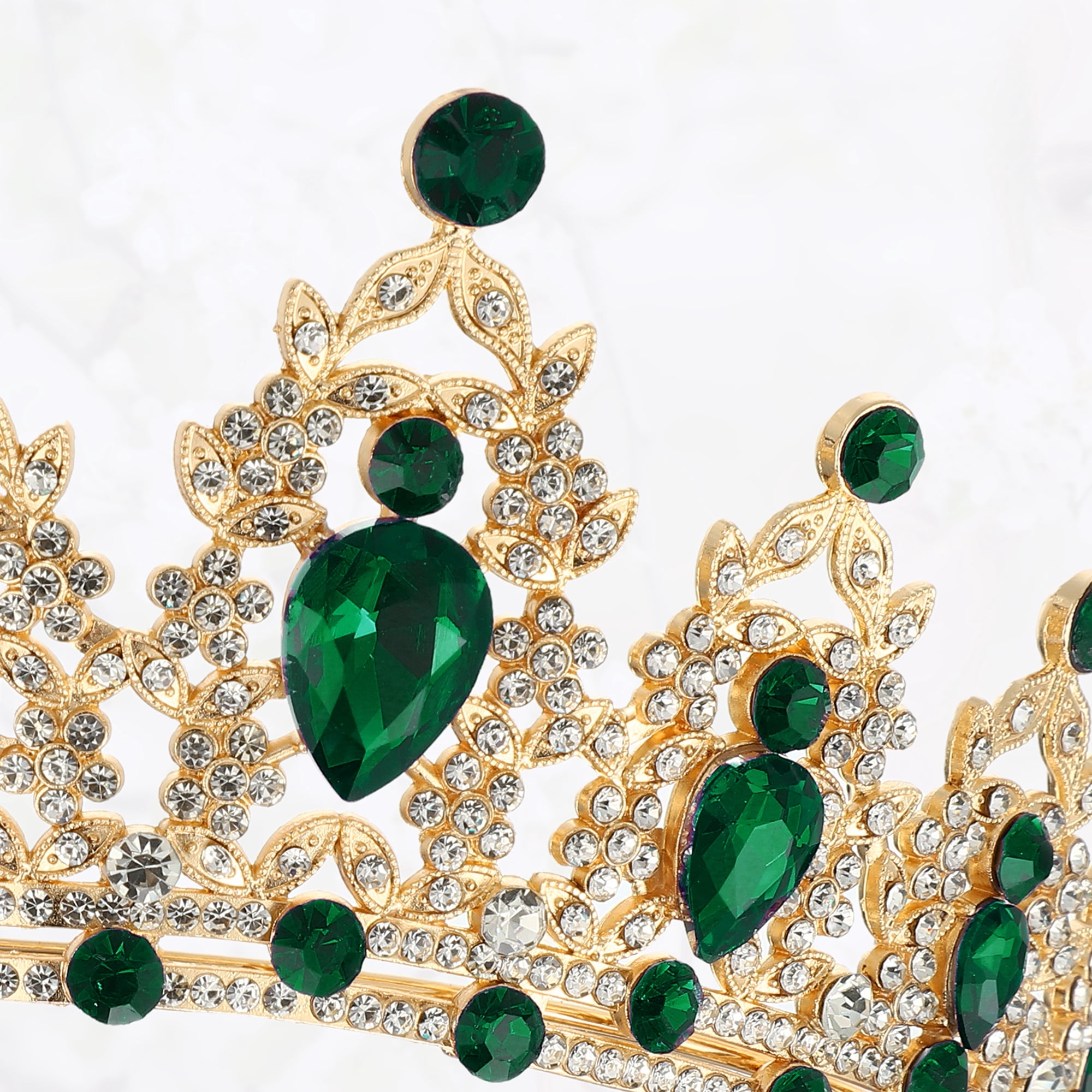 Unique Bargains Women Faux Crystal Queen Crown Tiara Rhinestone Gold Tone Green