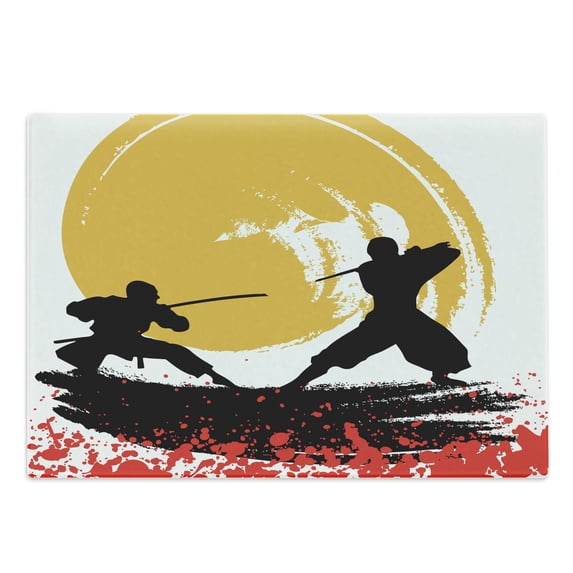 Japanese Cutting Board, Watercolor Style Silhouette Ninjas in the Moonlight Medieval, Decorative Tempered Glass Cutting and Serving Board, Large Size, Vermilion Mustard, by Ambesonne