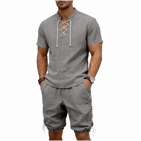 Eryao Workout Suits for Men Set 2 Piece Lace Up Short Sleeve Henley Shirts Matching Elastic Waist Shorts with Pockets Summer Beach Lounge Sets,Dark Gray,L