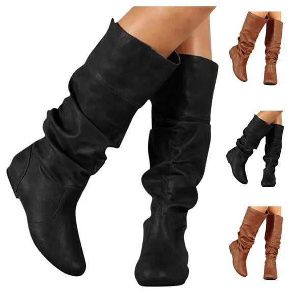 Modisza Women's Slouchy Knee High Boots Casual Wide Calf Pull on Flat Boot Ladies Round Toe Westerm Riding Fall Booties Black 7