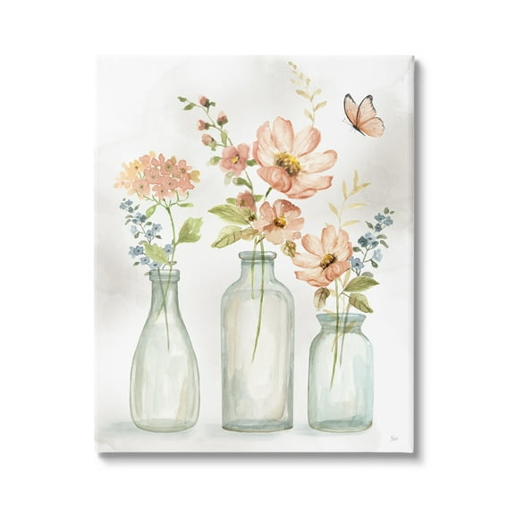 Stupell Pink Flowers Fluttering Butterfly Botanical & Floral Painting Gallery Wrapped Canvas Print Wall Art