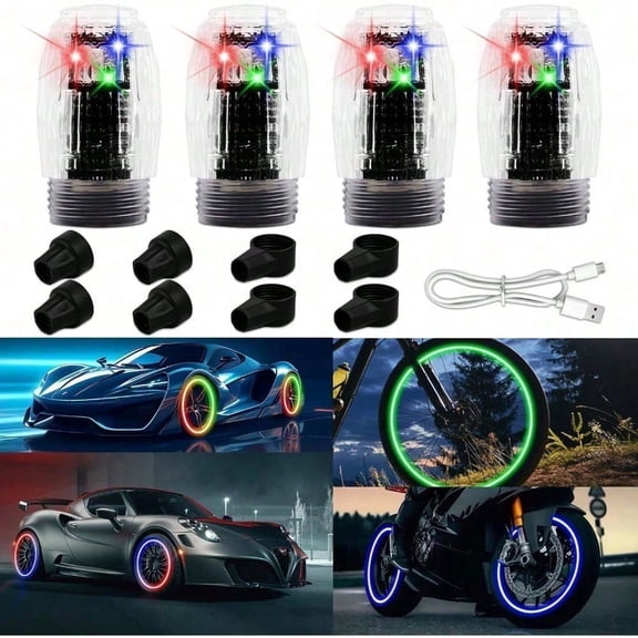 4Pcs LED Colorful Wheel Lights,Tire Valve Light,Tire Valve Cap Lights,Glow In The Dark LED Tire Valve Lights,Waterproof Flash Light Tire Valve Cap Lamp For Car Truck Motorcycle Bike Lights
