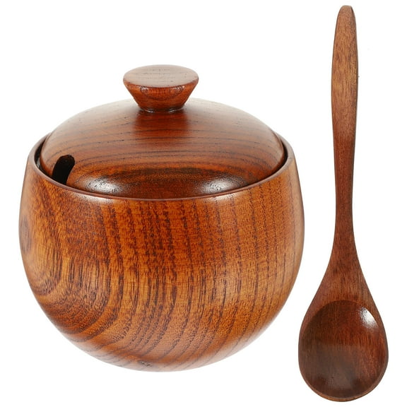 Sugar Bowl with Lid and Spoon Food Containers Lids Wood Carving Spice Jar Solid