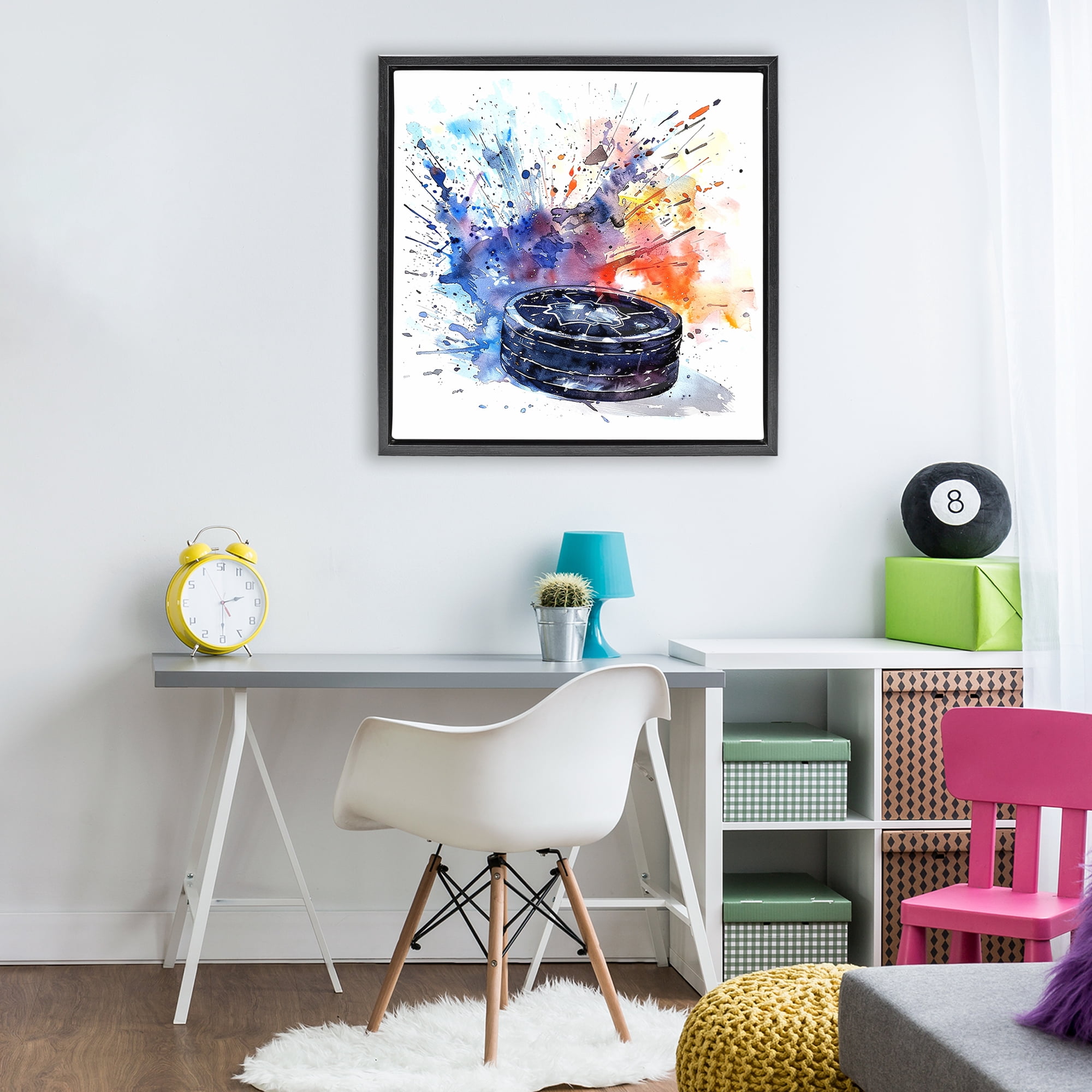 Stupell Industries Hockey Splash Watercolor Burst Black Framed Floater Canvas Wall Art, design by LSR Design Studio