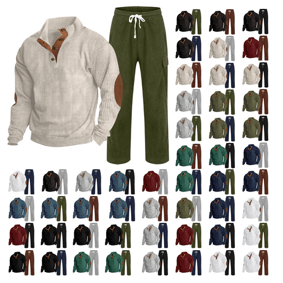 ZCFZJW Two Piece Corduroy Tracksuit for Men Casual Button Henley Long Sleeve Stand Collar Pullover Sweatshirts and Drawstring Elastic Waist Sweatpants with Pockets Fall Sport Outfit Clothes L