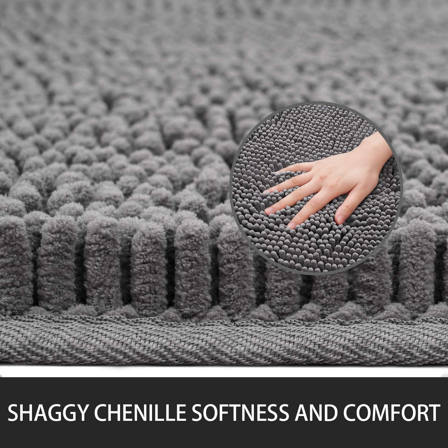 Bath Rugs 24'' x 48'' Bathroom Rug, Soft Luxury Chenille Bathroom Mats, Non-Slip and Absorbent Throw Rugs for Bath Tub, Plush Microfiber Shower Rug Machine Washable Floor Carpet, Grey