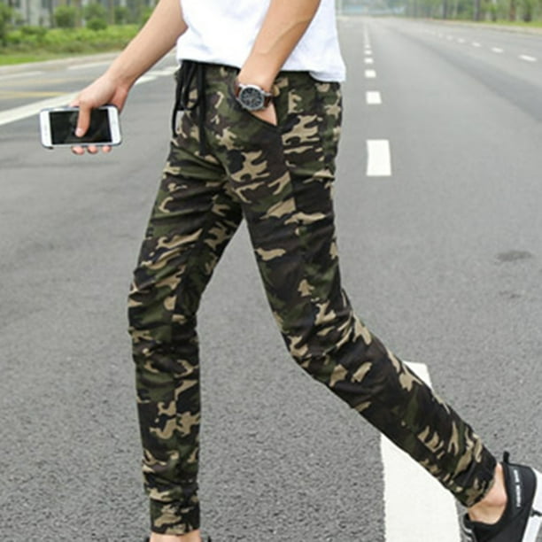 Aofa Men Sporty Camouflage Color Pockets Waist Drawstring Long Skinny Cargo Pants