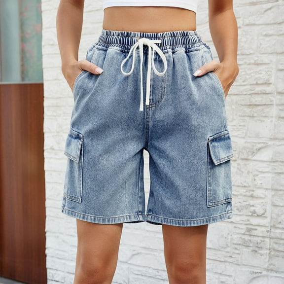Babysbule Womens Summer Denim Capris Shorts Mid Waist Tight Women's Street Casual Shorts With Pockets