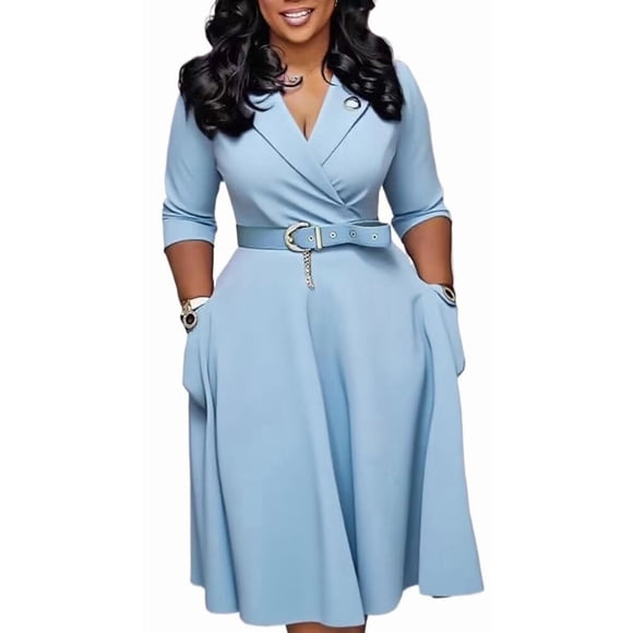 Women's V Neck Pleated Dress Church Teacher Office Modest Party A-Line Dresses
