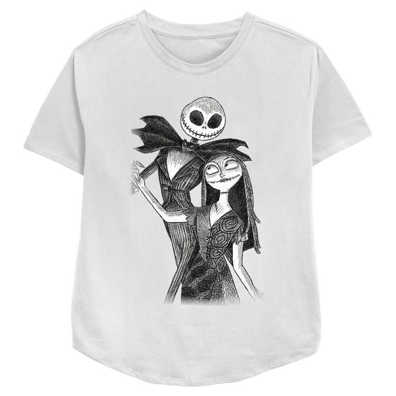 Women's The Nightmare Before Christmas Jack and Sally Black and White Dance Sketch Graphic Tee White X Small
