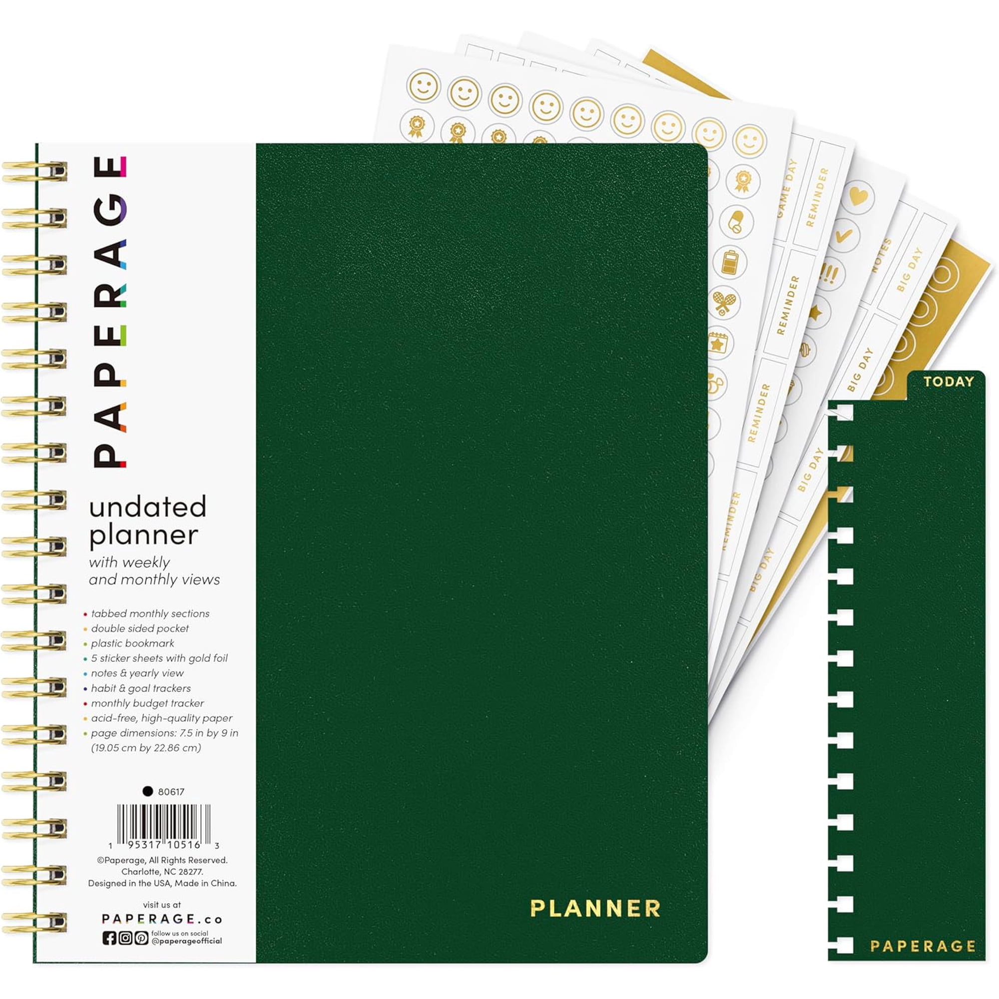 PAPERAGE Undated 12 Month Weekly & Monthly Planner with Durable Cover & Spiral Binding, 7.5 in x 9 in, Productivity Planner with Note Pages, Goals & Budget Trackers, Stickers & Bookmark (Dark Green)