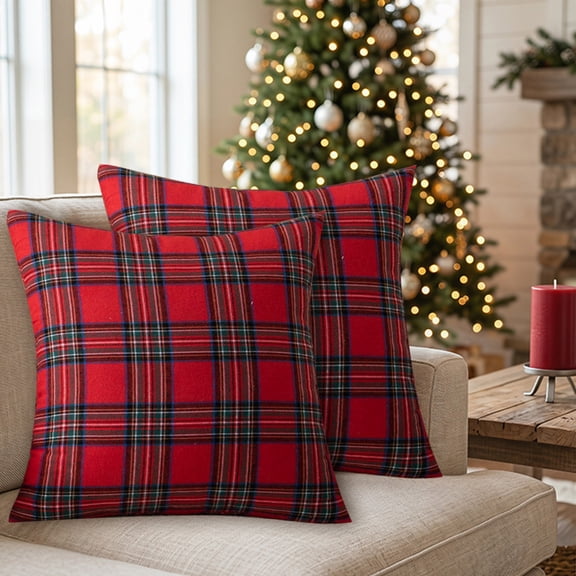 4 Pack Christmas Tartan Plaid Throw Pillow Covers, 18 x 18 Inch Square Decorative Cushion Cases for Farmhouse Xmas Sofa, Bed and Living Room Home Decoration