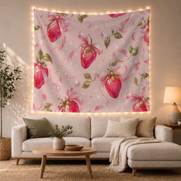 Strawberries, Pink Ribbons, and Pearls on a Light Pastel Pink Background, Whimsical Watercolor for Teen Girls, Preppy Y2K Art Decor, Birthday Gift, Tapestry Wall Hanging for Bedroom and Dorm