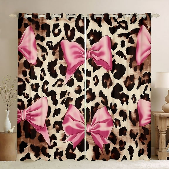 Homewish Cute Cartoon Bowtie Black Out Curtains,Cheetah Pattern Curtains Pack of 2 (42x63 Each),Pink Brown Beige Bedroom Curtains For Girl Kids,Luxury Bedroom Decor