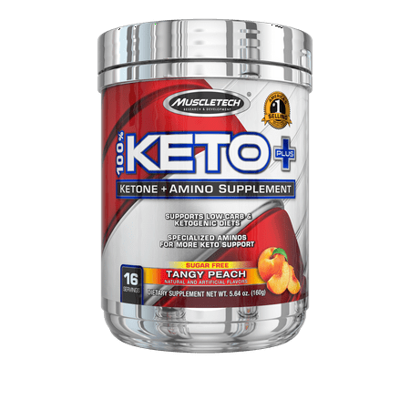 100% Keto Plus Ketones Supplement, Exogenous Ketones & Aminos, Sour Peach Candy, 16 Servings (156g)