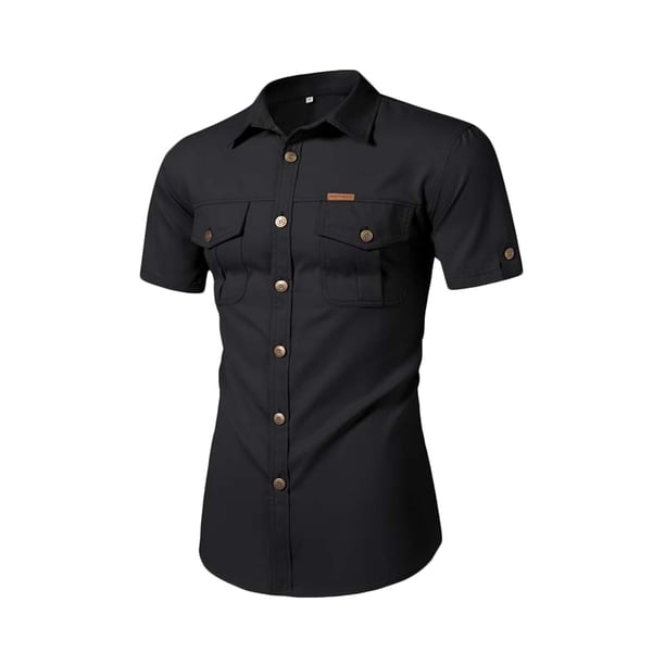 Camisa Elvqul Hombre Liso Economicas Negro Manga Corta con Solapa Deportivas