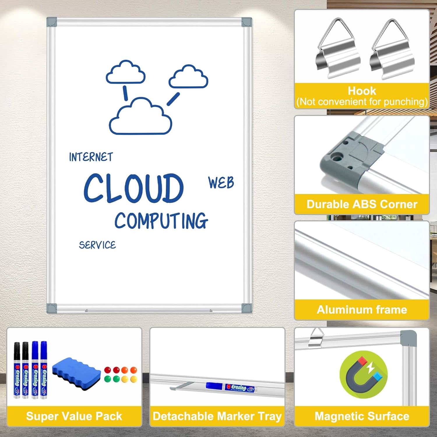 H-Qprobd Dry Erase Board 48 X 36 Inch, 4' X 3' Wall-Mounted White Board with Marker Tray, Presentation Board for Home Office Classroom