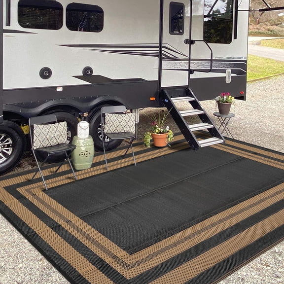 Outdoor Rug 9x12 Waterproof Patio Rug Reversible Plastic Straw Rugs Camping Mat Modern Geometric Portable Foldable Large Rugs for RV Porch Balcony Picnic Beach Backyard Black/Brown Panel