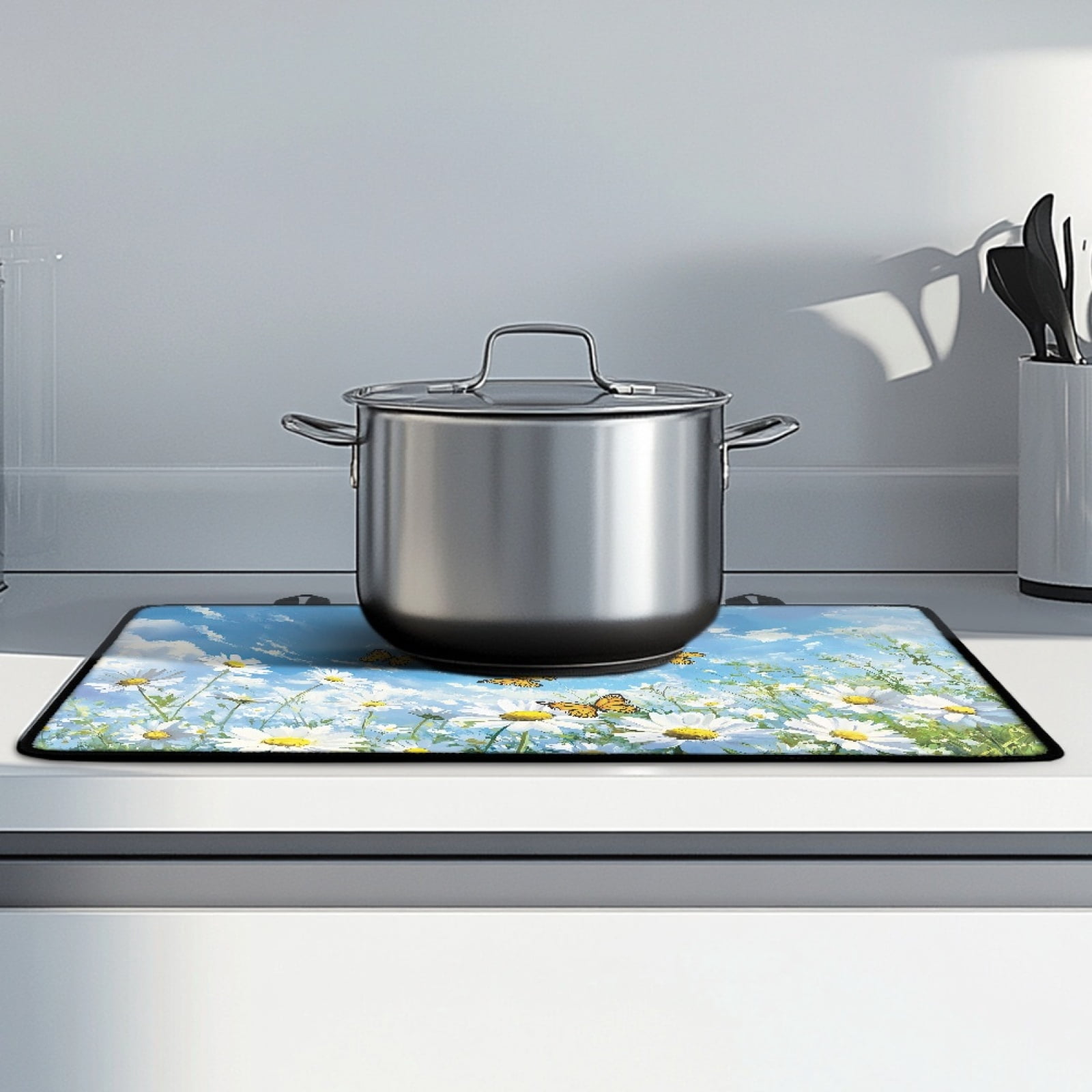 Renewold Stove Top Cover for Electric Stove, Non-skid Glass Electric Stove Top Mat, Induction Electric Stove Top Protector for Kitchen Counter Top, Butterfly Daisy Blue Sky