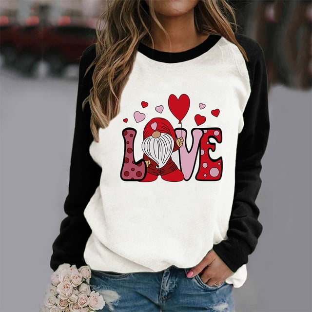 Mikilon T-Shirt à Manches Longues Imprimé Saint-Valentin Col Rond pour Femmes