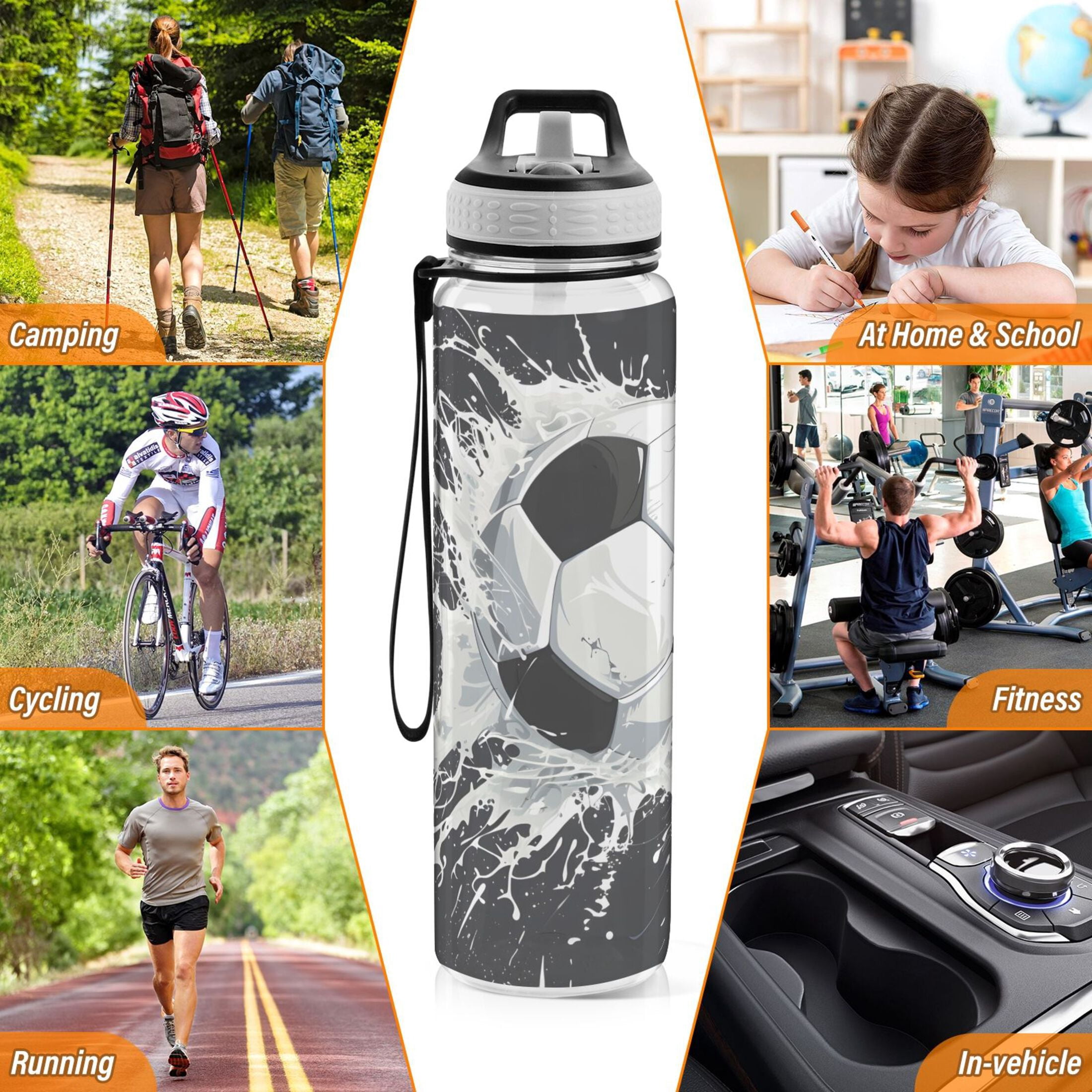 32 Oz Sports Water Bottle with Straws Soccer Ball Tritan Clear Bottles BPA Free Leakproof Cup for Outdoor School Gym Fitness