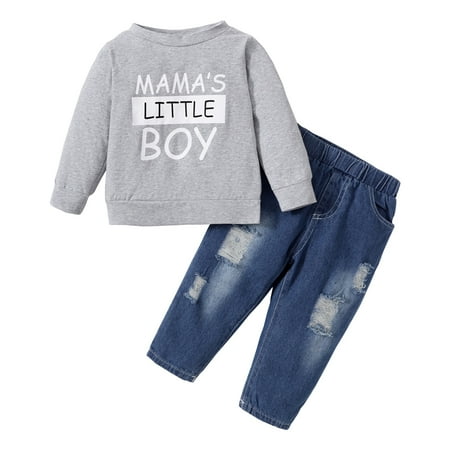 

2T Toddler Boy Fall-Winter Outfits Pants Sets 3T Toddler Boy Long Sleeve Letter Prints Tops Elastic Denim Pants 2PCS Set Gray