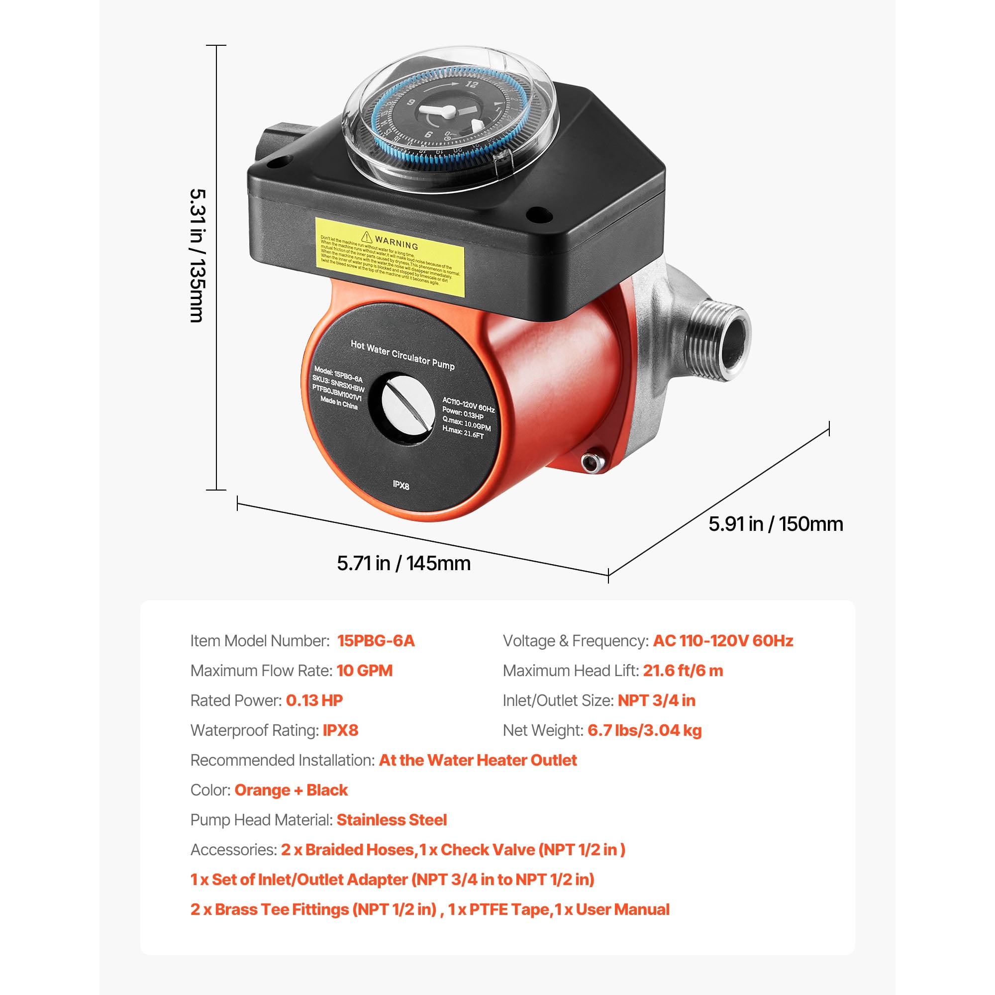 KFFKFF Hot Water Recirculating Pump with Timer, Bypass Valve, and Stainless Steel Head, 0.13 HP 110-120V Circulation System for Tank Water Heaters