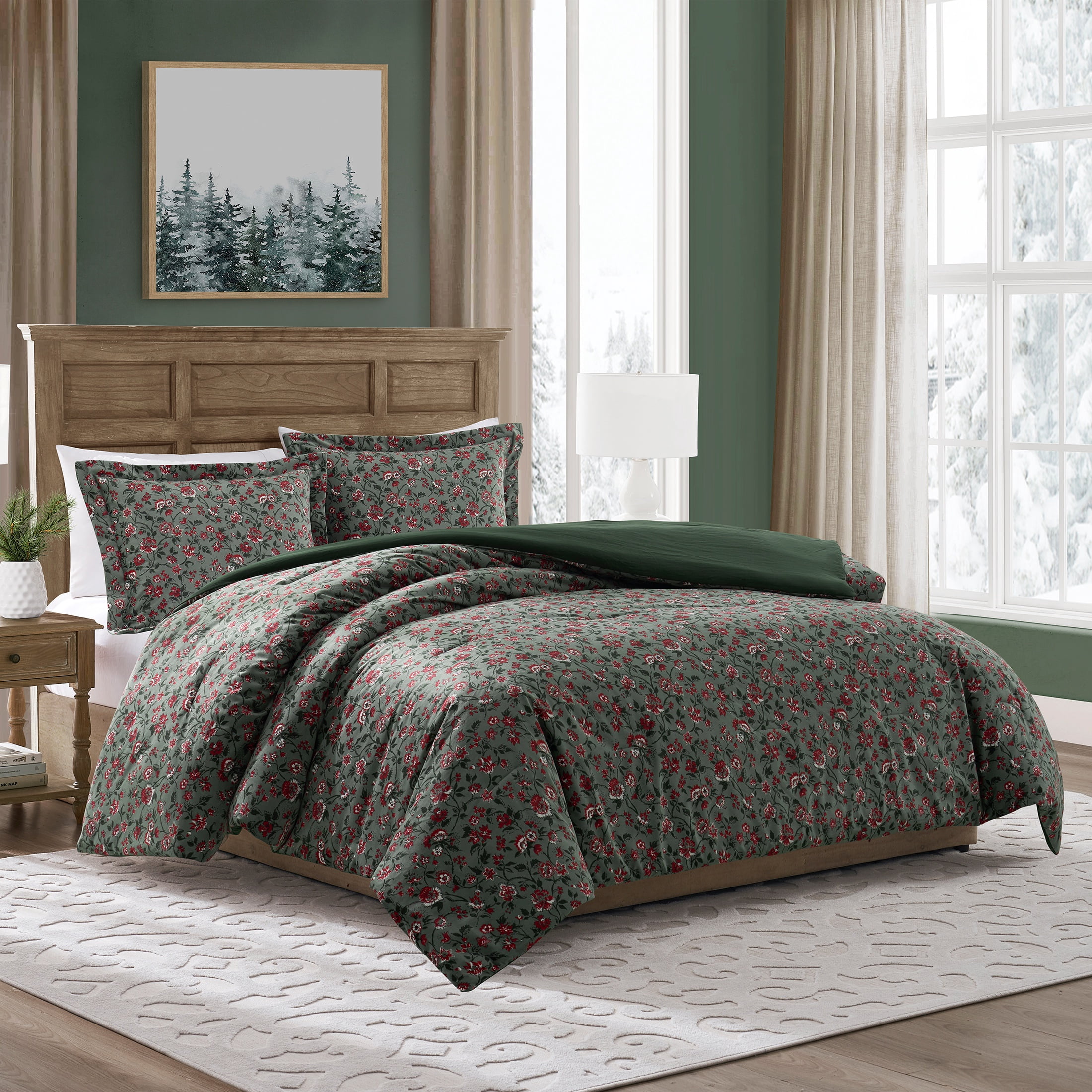 My Texas House Stacy 3-Piece Green Floral Printed Velvet Comforter Set, King
