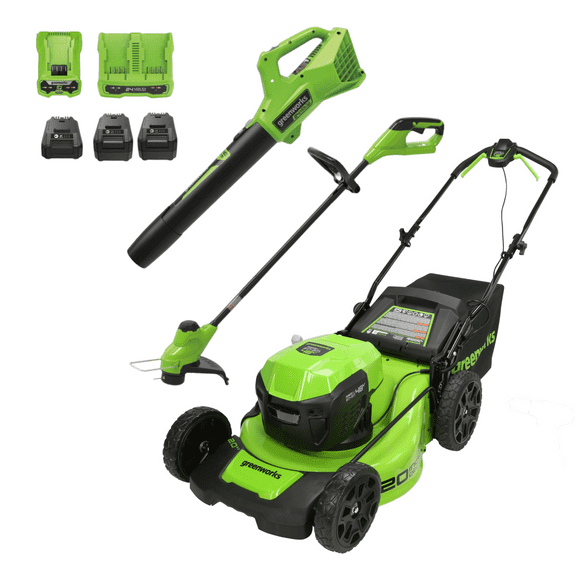 Greenworks 48V (24V x 2) 20" Cordless Battery Push Mower 3PC Combo Kit w/ (2) 4.0Ah USB Batteries,(1) 2.0Ah Battery,(1) Dual Port Rapid Charger & (1) Charger