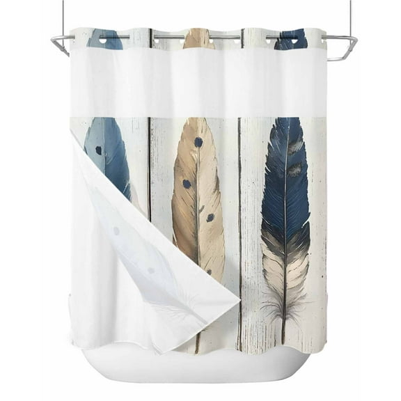 No Hook Shower Curtains with Snap in Liner, Farmhouse Feather Waterproof Fabric Shower Curtain, Watercolor Vintage Wooden Grain Double Layers & See-Through Top Window Bathroom Curtains 66''x72''
