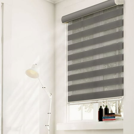 Dual Pocket Zebra - Latitude Run Free-Stop Cordless Zebra Dual Layer Combi Window Blind Striped Granite Semi-Sheer Gray Roller Shade
