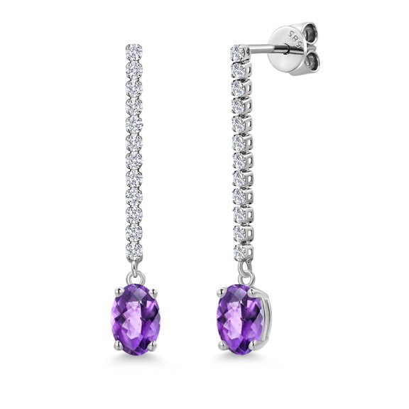 14K White Gold Purple Amethyst and White Lab Grown Diamond Long Liner Dangle Earrings for Women | 1.86 Cttw | Gemstone February Birthstone | Oval Checkerboard 7X5MM | White Gold Chain Drop Earrings