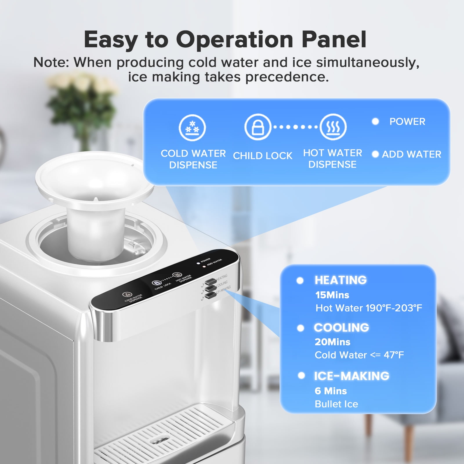 LHRIVER 5 GallonTop Loading Water Dispenser & Ice Maker, 3-in-1 Hot/Cold/Ice, Child Lock & Energy-efficient, for Home/Office, White