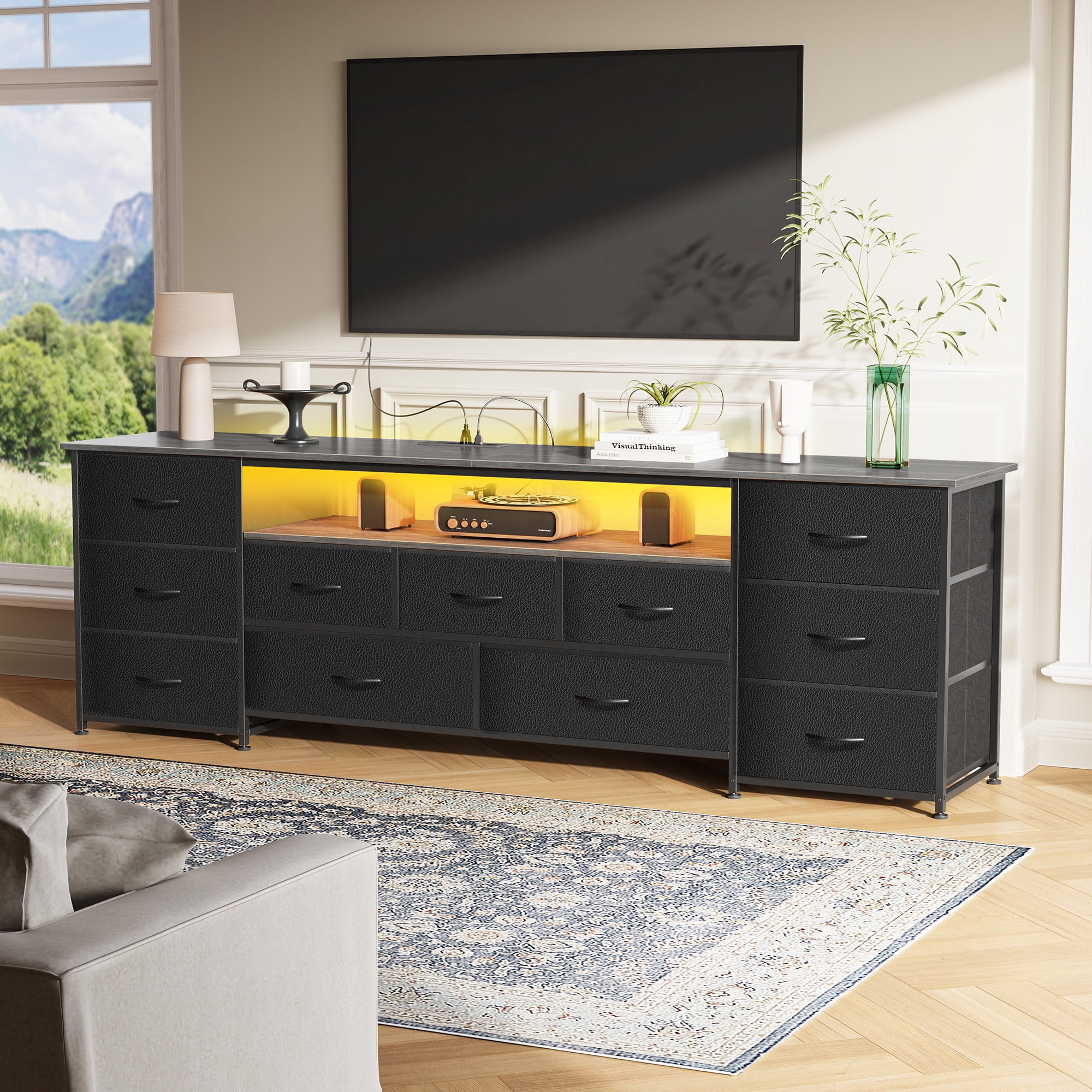 Amadwell Large TV Stand for 65, 70 Inch TVs, 11 Drawer Long Dresser with Power Outlets & LED Lights, 63 inch Entertainment Center