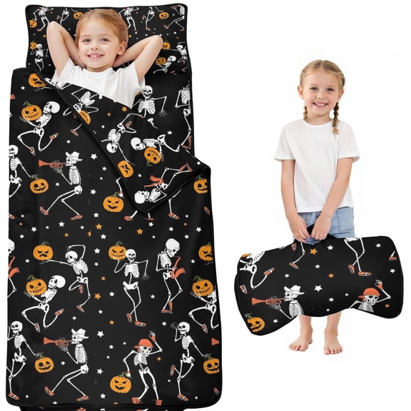 Black Halloween Dancing Skeletons Toddler Nap Mats for Kids Preschool,50"x20" Sleeping Mat Bag or Kids,Toddler Sleeping Bag,Toddler Nap Mat or Daycare