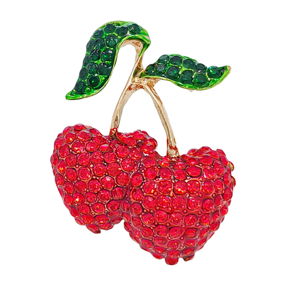 Double Cherry Red Crystal Brooch, Gold-toned