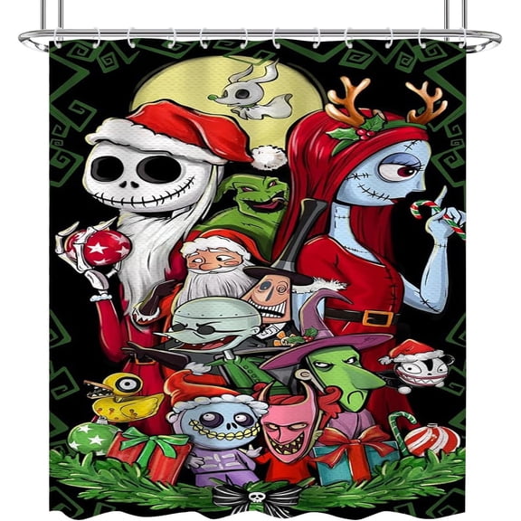 NIGHTMARE BEFORE CHRISTMAS Shower Curtain Fabric, Cool Cartoon Merry Christmas Jack Skellington and Sally Shower Curtains for Kids Christmas Bathroom Decor with 12 Hooks (Color-10)