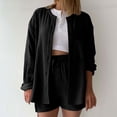 thumbnail image 2 of Hurxie 2 Piece Linen Set for Women Oversized Wrinkle Long Sleeve Button Down Shirts and Drawstring Shorts Beach Outfit Sets Black,3XL, 2 of 5