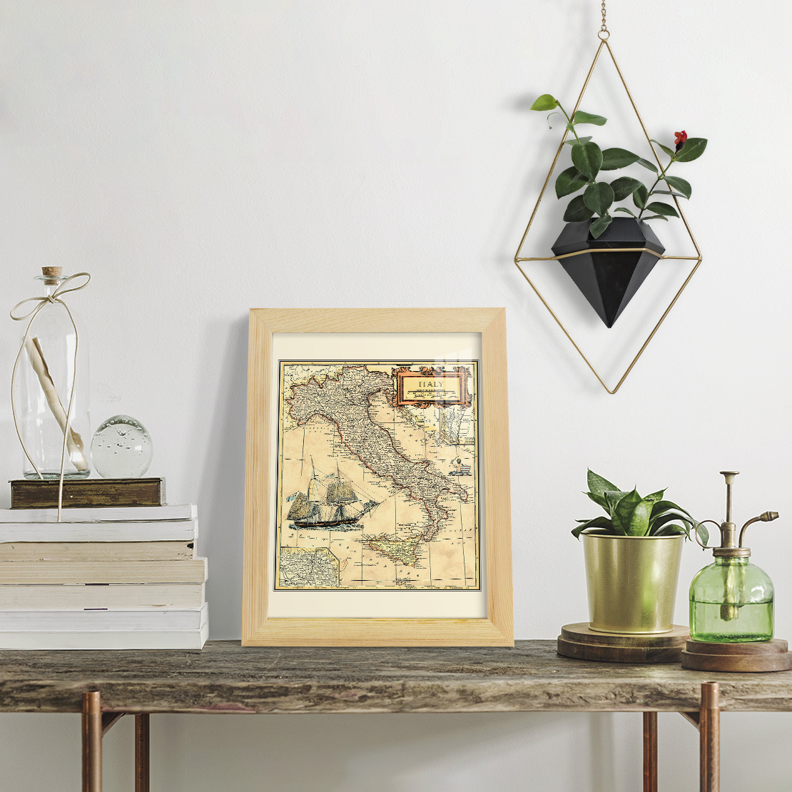 Italy Map -Framed Print w/glass-Natural Wood