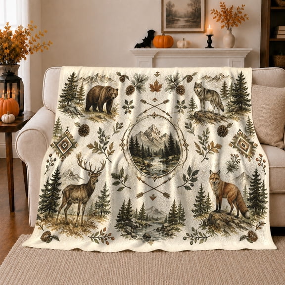 Rustic Woodland Animals With Mountain Scene Cozy Illustrative Flannel Blanket For Nature Lovers Cabin Living Room Home Decor Housewarming Gift