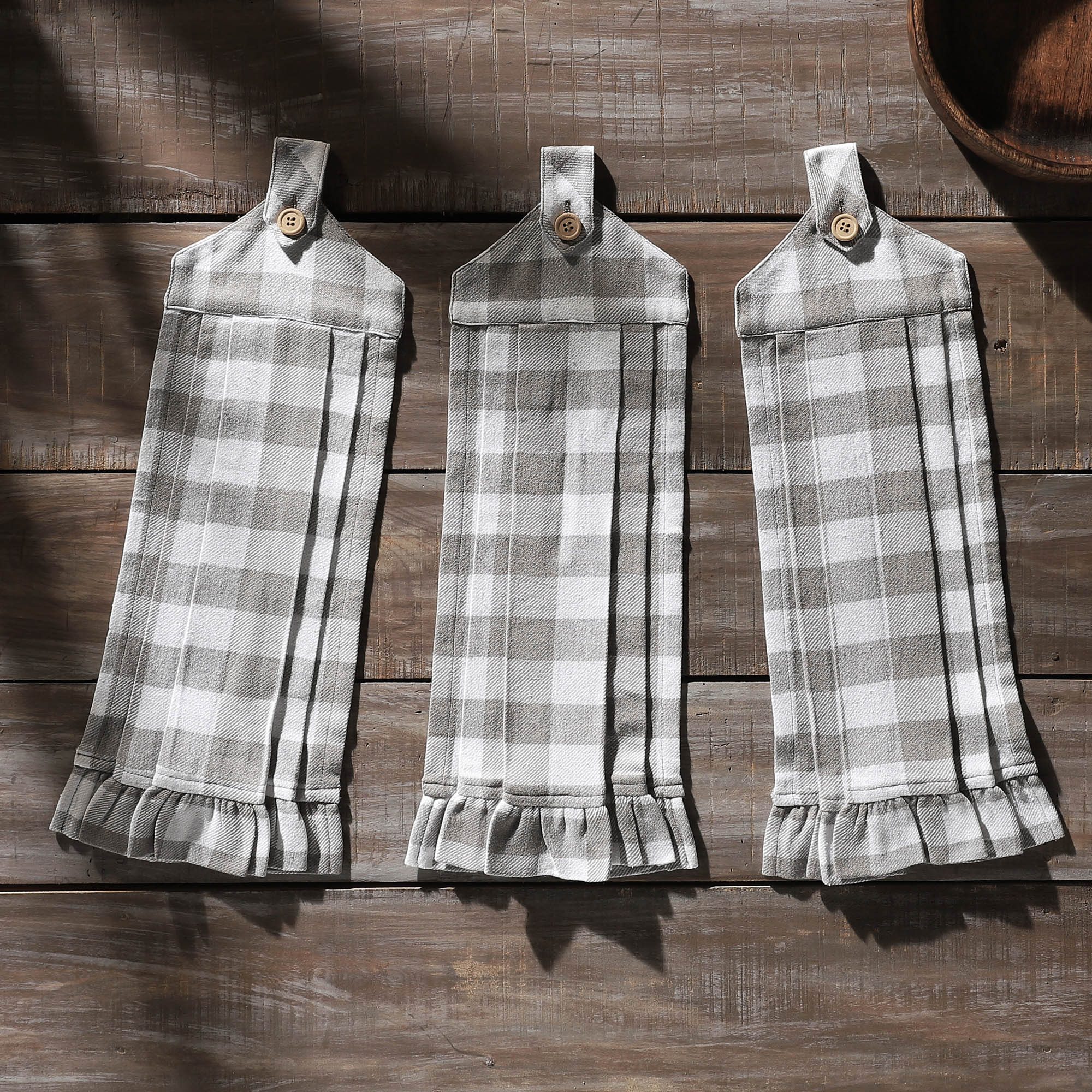 VHC Brands Cotton Annie Buffalo Check Grey Button Loop Kitchen Towel Set of 3, Hanging Kitchen Towel, Pleated, Bath, Kitchen, Annie Buffalo Check Collection, Rectangle 21x7, Ash Grey