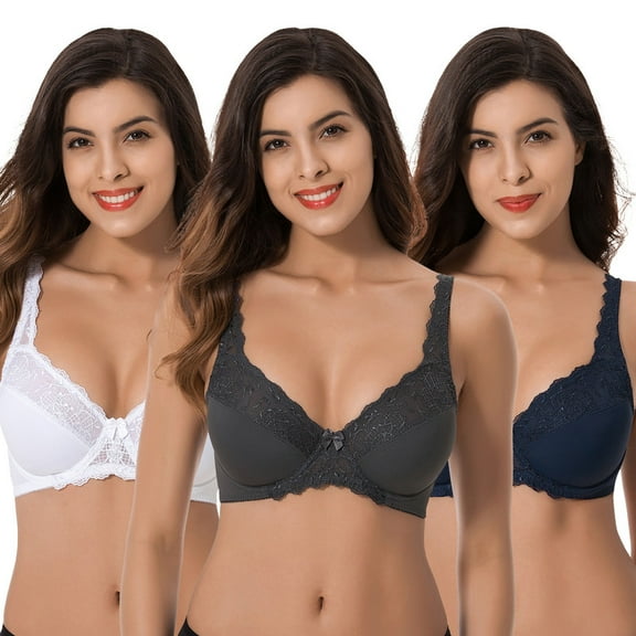 Curve Muse Plus Size Minimizer Underwire Unlined Bra with Embroidery Lace-3Pack-Slate,Navy,White-34C