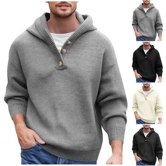 Maqroz Casual Sweater for Men Quarter Button Hooded Sweaters Casual Loose Plus Size Elastic Pullover Long Sleeve V Neck Pullovers Trendy Solid Color Warm Top
