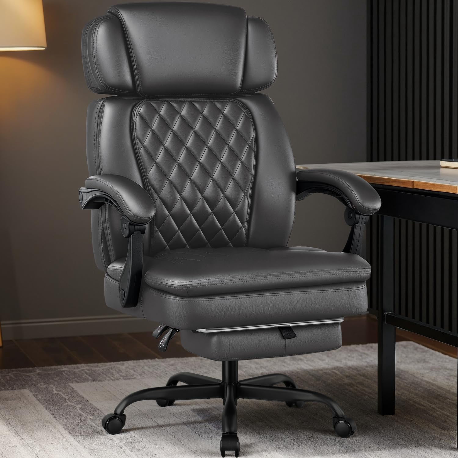 Big and Tall Office Chair 400lbs Capacity, Ergonomic Executive Chair with Linkage Armrests, Adjustable Headrest, Retractable Footrest & Lumbar Support, High Back PU Leather Desk Chair, Gry
