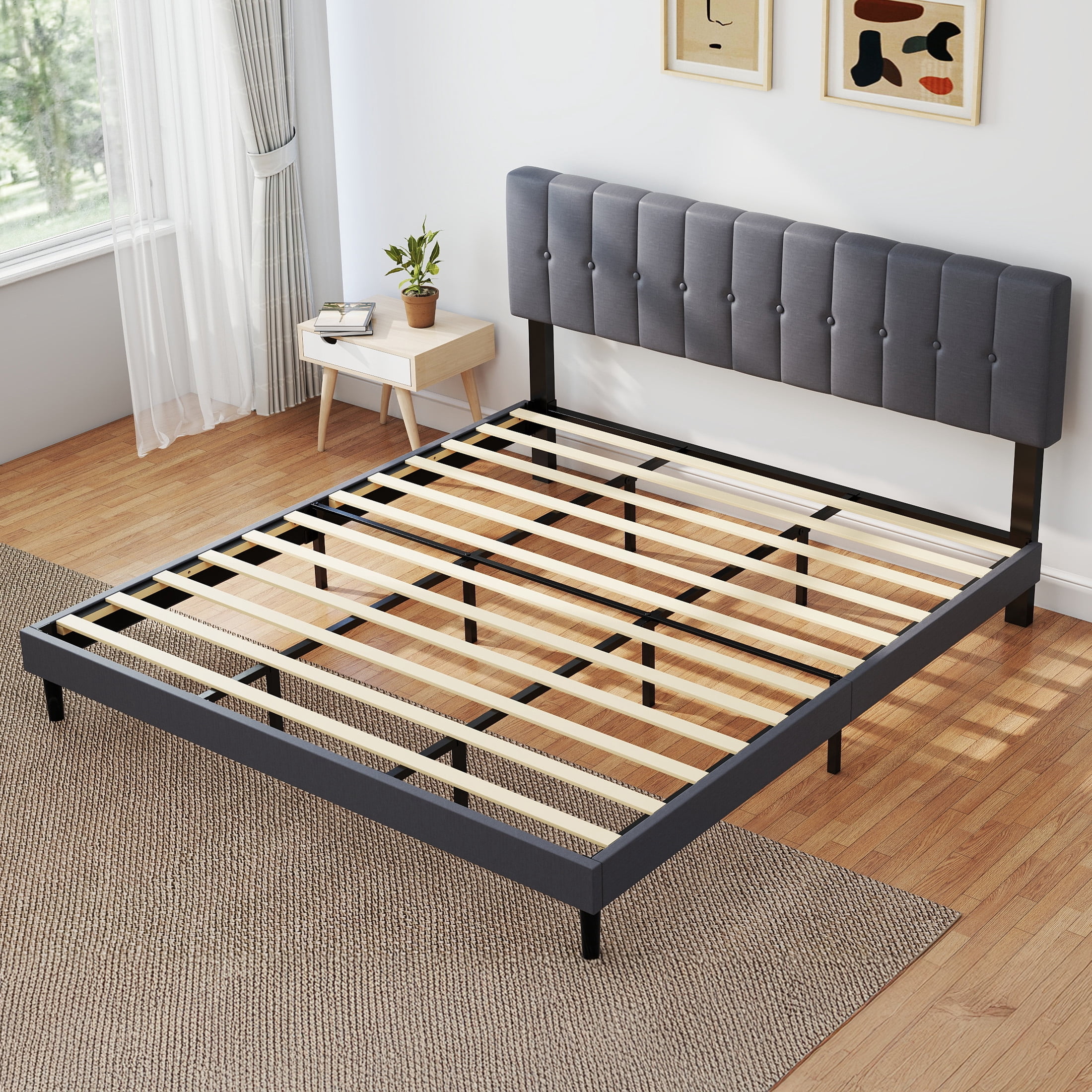 EDX King Size Platform Bed Frame, Fully Upholstered Mattress Foundationwith Fabric Upholstered Headboard and Wooden Slats Support, No Box Spring Needed, Grey