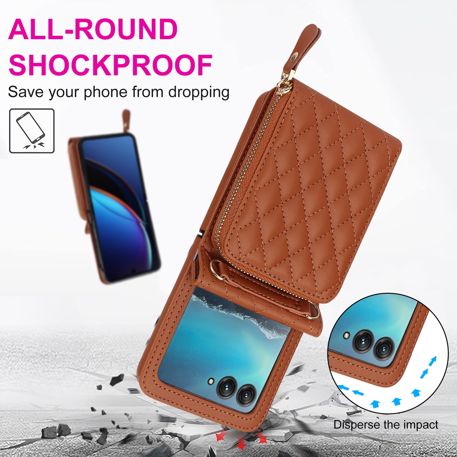Allytechgroup for Motorola Razr 2025/2024 Wallet Case with Hand Wrist Shoulder Strap, PU Leather Cards Slots Zipper Pocket Shockproof Protective Phone Case Cover for Motorola Razr 50/60, Brown