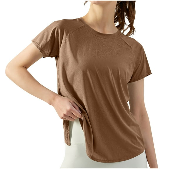 Daiosportswear Open Back Workout Top Shirts - Yoga T-Shirts Cover Up Activewear Exercise Tops for Women,Cover-Up for Women Brown L(L)
