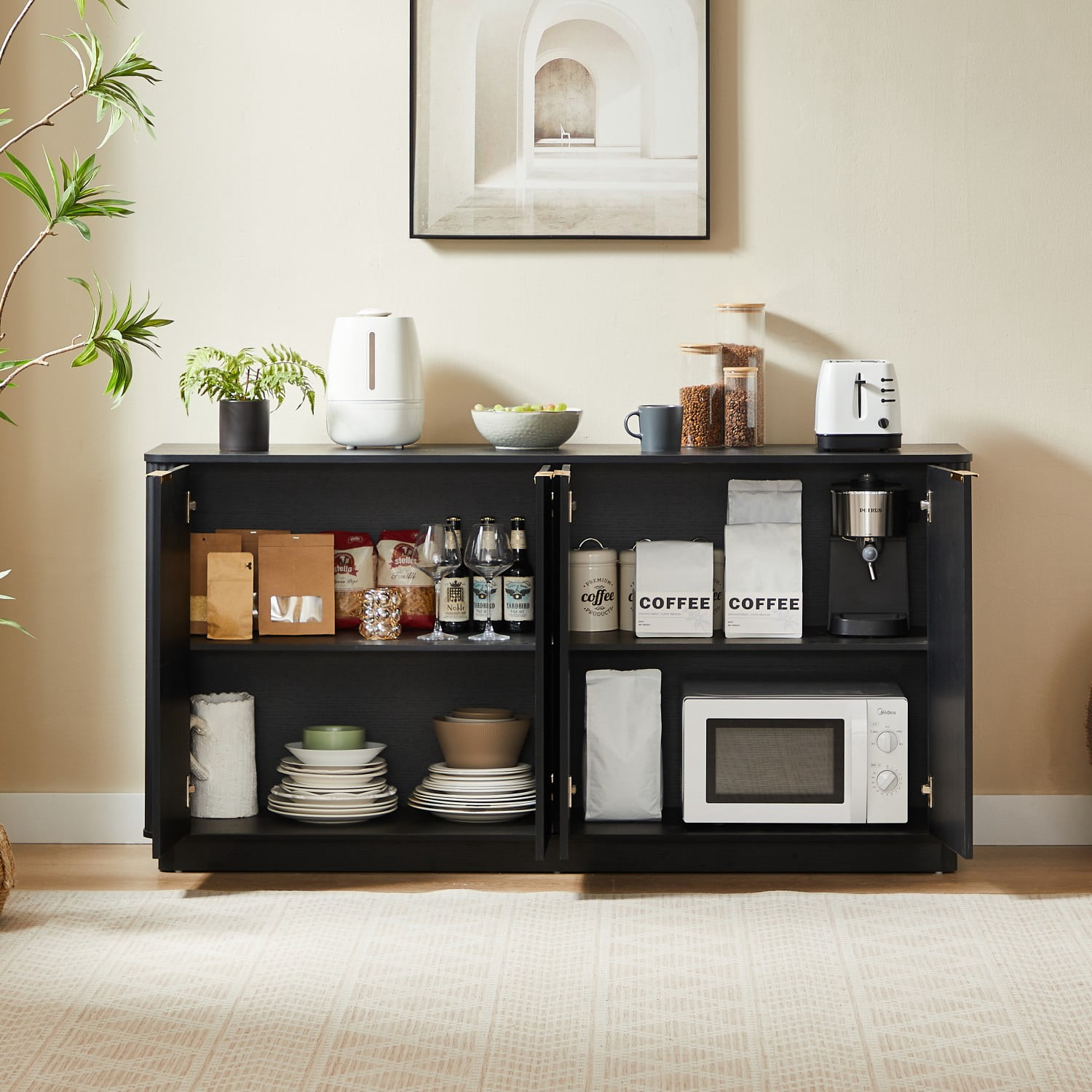 63" Buffet Cabinet with Storage, Black Sideboard Cabinet with 4 Doors, Curved Wave TV Stand Credenza Console Cabinet for Living Room, Dining Room, Bedroom, Hallway