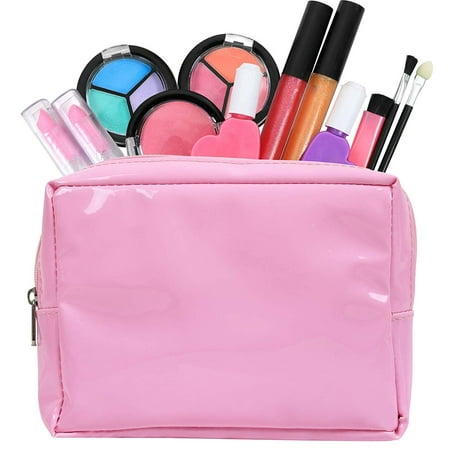 Click N' Play Pretend Makeup Set in Pink Cosmetic Tote Bag | Washable Toy Kids Play Makeup | 12 Piece